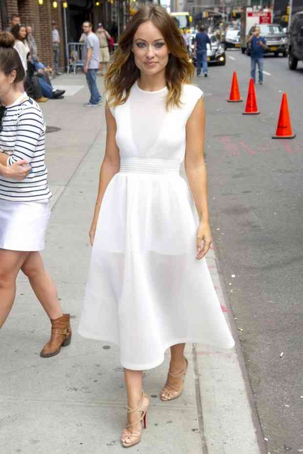 New York, NY - Actress Olivia Wilde continues her busy day and heads to the studio for a taping of "Late Show with David Letterman" in New York, promoting her new movie "Drinking Buddies".  The brunette beauty dressed in a sheer white triangle shoulder dress with nude Christian Louboutin heels. AKM-GSI          August 19, 2013 To License These Photos, Please Contact : Steve Ginsburg (310) 505-8447 (323) 423-9397 steve@akmgsi.com sales@akmgsi.com or Maria Buda (917) 242-1505 mbuda@akmgsi.com ginsburgspalyinc@gmail.com